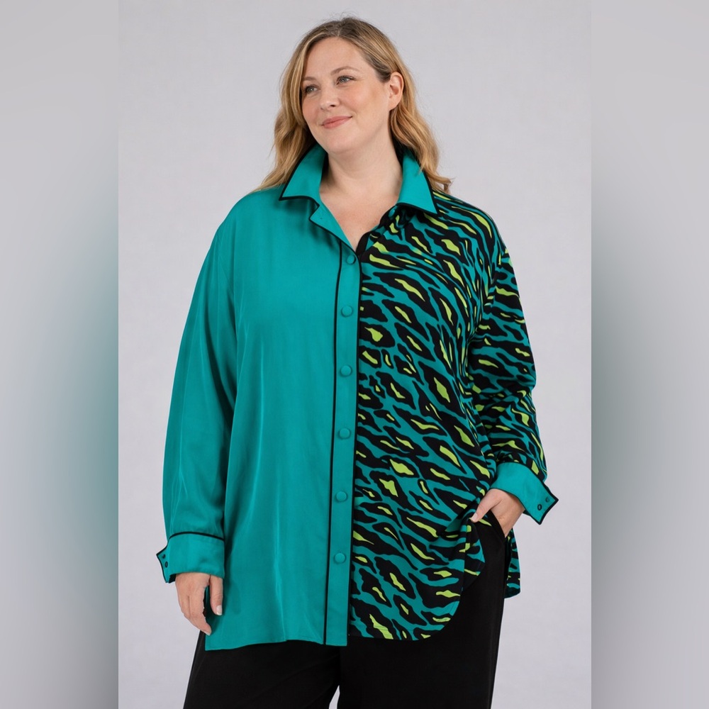 Bob Mackie Wearable Art Silk Blouse Top 2X Teal Animal Colorblock Statement